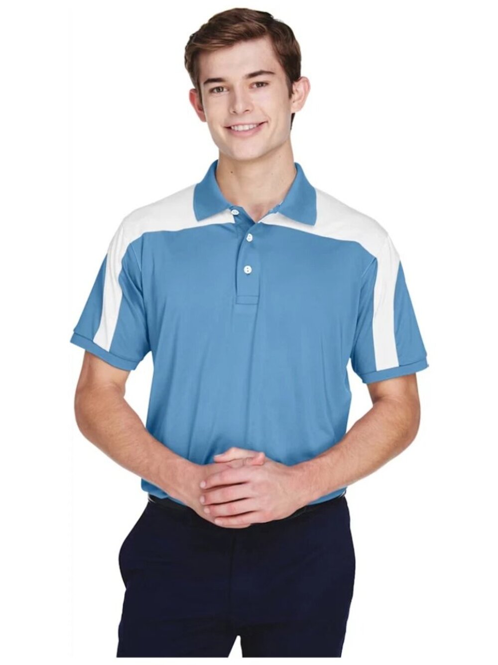 Team 365 Men’s Victor Performance Golf Polo Light Blue White Colorblock